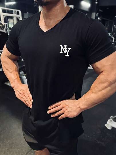 男士印花V领T恤 - 简约设计，适合日常穿着和运动
