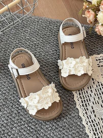 2026 New Girls' 3D Flower & Pearl Decor PU Leather Low-Top Casual Sandals, With Hook And Loop Design, Suitable For Kindergarten Daily Wear, Family Outings, Summer Walks And Other Occasions