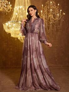 UNITHORSE [Random Print] Women V-Neck Long Sleeve Fitted Mesh Evening Dress - Pink - View 5