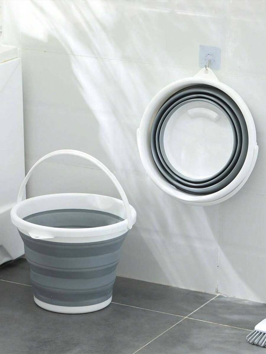 1pc Portable Collapsible Plastic Silicone Bucket, Foldable Car Wash Basin, Large Capacity Fishing Pail, Household Water Storage Bucket Home Bathroom Decor Fall Decor Back To School - Grey - View 1