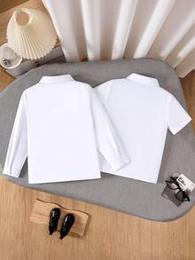 2 bucăți de tricou elegant pentru băieți pre-adolescenți, stil școlar clasic, petrecere casual pentru întoarcerea la școală: tricou cu mânecă scurtă și cămașă albă formală cu mânecă lungă - alb - Vizualizare 2