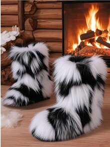 Women's Colorful Plush Snow Boots, Fashion , Thickened, Insulated, Featuring Fluffy, Long Hair Plush, Jacquard Stripe Design, Mid-Calf Length - Nâng cấp lên đen trắng - Xem 1