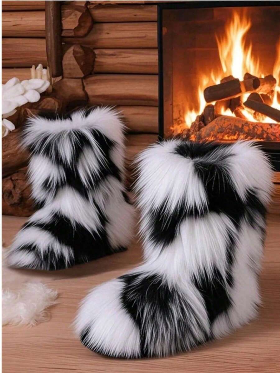 Women's Colorful Plush Snow Boots, Fashion , Thickened, Insulated, Featuring Fluffy, Long Hair Plush, Jacquard Stripe Design, Mid-Calf Length - Nâng cấp lên đen trắng - Xem 1