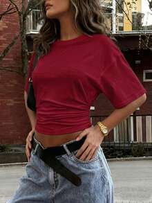 New Stylish Elegant Solid Color Casual Versatile Waist Ruched T-Shirt, Suitable For Daily, School, Beach, Vacation, Home Summer - Wine Red - View 3