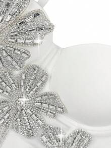 黑色钻石镶嵌闪亮花卉吊带背心性感露背束身衣女式休闲白色 - 白色 - 查看 4