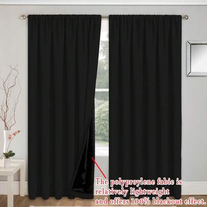 2pcs Classic Black Out Curtains, Lightweight Polyester Fabric With Black Blackout Lining, Durable, Washable, Privacy Protection, Darkening For Sleeping, Suitable For All Seasons, Rod Pocket, Home Decor For Living Room, Bedroom, Office, Room Darkening, Party Decoration, 100gsm