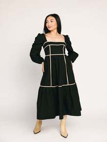 Women's Casual Long-Sleeved Square-Neck Backless Mid-Length Dress - Black - View 7