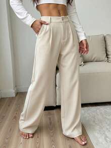 UREREM 280克梭织面料高腰褶裥后腰松紧腰宽松阔腿休闲裤 - 杏色 - 查看 4