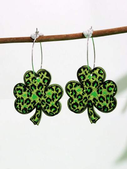 1 Pair Unique Stylish Acrylic Clover Leopard Print Earrings, Cute Suitable For Women To Wear On St. Patrick's Day