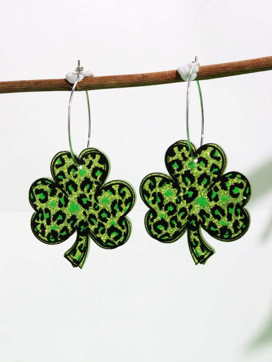 1 Pair Unique Stylish Acrylic Clover Leopard Print Earrings, Cute Suitable For Women To Wear On St. Patrick's Day - Multicolor - View 1