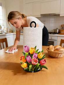 Soporte de papel higiénico de metal duradero y de alta calidad con decoración de tulipán artificial de colores - Decoración festiva para boda/fiesta/Día de San Valentín, acento para el hogar en días festivos, regalo familiar perfecto para la decoración de la mesa de la cocina y el comedor - Multicolor - Ver 11