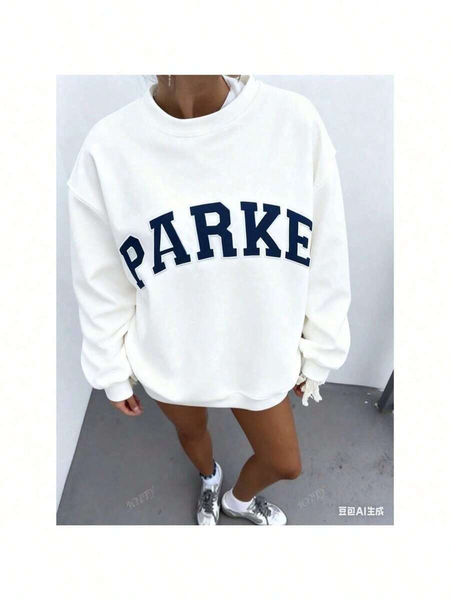 1PCSWomen's Casual "PARKE" Letter Print Loose Pullover Sweatshirt, Encountering Lazy Fashion.-Premium Cotton Graphic Printed Round Neck T-Shirts-365TValentine Gift - trắng - Xem 1