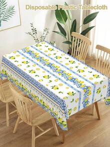 1pc Lemon Plastic Tablecloth, Yellow & Blue Floral Geometric Pattern Rectangular Disposable Table Cover, Italian Theme Decor, Mediterranean Blue Summer Home Kitchen Dining Table Decor, Wedding Bridal Shower Party Supplies - Multicolor - View 3