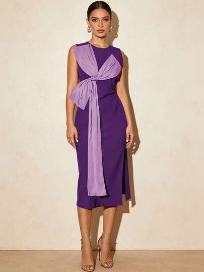 1件纯色优雅系带开衩无袖连衣裙，适合女性，可用于婚礼、派对、周年纪念、约会、节日、鸡尾酒会、单身活动、春夏等场合。