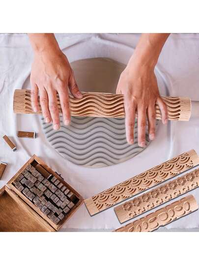 1pc, Embossing Rolling Pin - Perfect For Pizza, Pie, Cookies, Dumplings, Noodles, And More - Wooden Kitchen Utensil For Easy Dough Rolling And Shaping