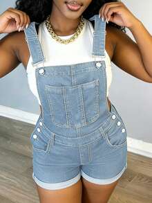 Y2K Cowgirl Denim Overalls Shorts Mid-Stretch Rolled Hem Adjustable Straps Multi-Pocket Streetwear - 中等水洗藍 - 查看 2