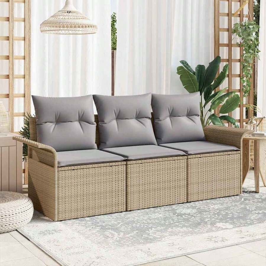 vidaXL 3-teiliges Sofa-Set mit Kissen, beige und grau, Polyratten - Beige - Übersicht 1