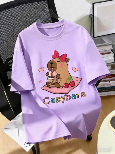 Cute Cartoon Capybara & Bow Print Anime Graphic Short Sleeve T-Shirt For Teenage Girls, Suitable For Summer