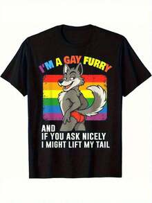 Men's Fun LGBTQ Pride T-Shirt - "I'm Gay, If You Ask Right, The Tail Will Lift Up" Humanized Fox Pattern T-Shirt - Black Casual T-Shirt With Rainbow Text - Sizes S-3XL - Machine Washable Furry Community Clothing Suitable For Pride Month And Casual Wear Humorous Statement Top Durable Fabric Furry Lifestyle Statement Top Comfortable Style Furry Clothing - 白色 - 查看 6