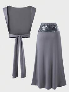 Elegant Sexy Charming Party Beach Asymmetric/Asymmetrical Backless 2-Piece Beach Set, Women's Summer Set, Sparkly Dress, Vacation Outfits For Women - Grey - View 6
