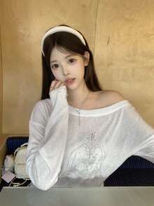 Casual Oblique Shoulder Printed Lightweight Long Sleeve Outerwear T-Shirt, Stylish Top For Women - White - View 5