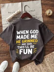 男童休闲印花圆领短袖T恤，夏季上衣 - 深灰色 - 查看 6