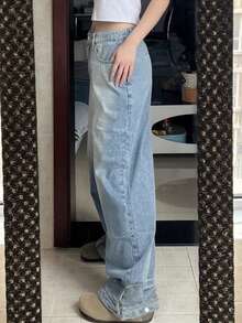 NVFelix Quần jeans nữ ống đứng cạp cao dáng rộng, dài, kiểu dáng thanh lịch thường ngày, có cúc và túi, thiết kế cạp và gấu quần chắc chắn, dáng dài không co giãn, phù hợp mặc mùa xuân hè, màu xanh dương, mẫu mới 2026. - Màu xanh lam - Xem 3