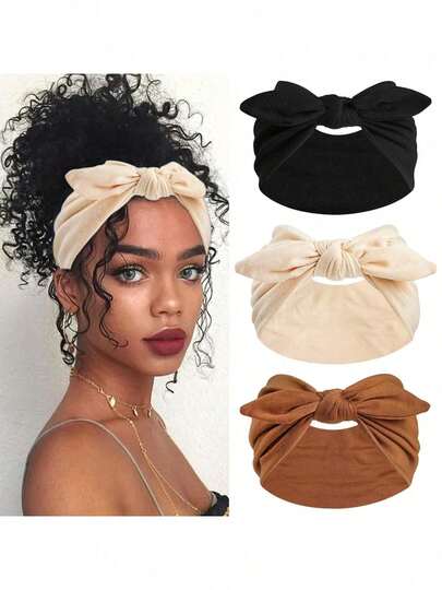 1/3pcs Bohemian Style Extra Wide Cute Rabbit Ear Knot Headband, Floral/Solid Color Bowknot Hair Accessories, Suitable For Women, Yoga/Sports/Outdoor, Polyester, Casual, All Season Fashion Hair Band