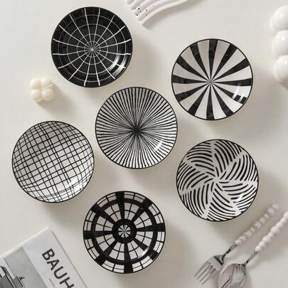6pcs Black & White Ceramic Bone Plates - 5.6 Inch Underglaze Painted, Bone Dishes, Dipping Sauce Plates, Appetizer Plates, Salad Plates, Dessert Plates, Hors D'oeuvres, Hot Pot, Picnic, Chilled Dishes, Serving Nuts, Veggies, Sweets And Salads, Multipurpose Kitchen Tableware, Dishwasher, Oven, Microwave , Embossed Design - Great For Home, Restaurant And Hotel Use
