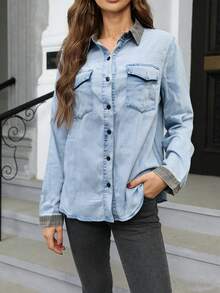 Women's Casual Collared Single-Breasted Long Sleeve Denim Blouse, Versatile For Daily Wear Spring - Light Wash - View 7