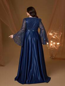 Anpoketnew V领优雅大码晚礼服，花卉图案，双缝线，刺绣，腰带，荷叶边袖，缎面面料，长裙，适合婚礼穿着 - 藍色 - 查看 2