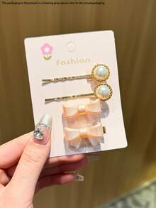 4pcs Women's Elegant Faux Pearl Hair Clips Set, Includes Cute Bow, Side Clip, Bangs Clip, Duck Clip, Fashion Versatile Accessories - Pink - View 5