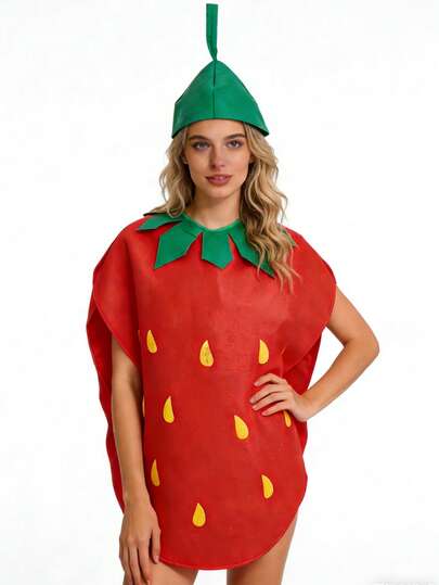 两件套圣诞嘉年华派对表演男女草莓套装，包含头饰，适合各种节日派对和青少年舞会。亮红色和绿色涤纶混纺面料，是理想之选。