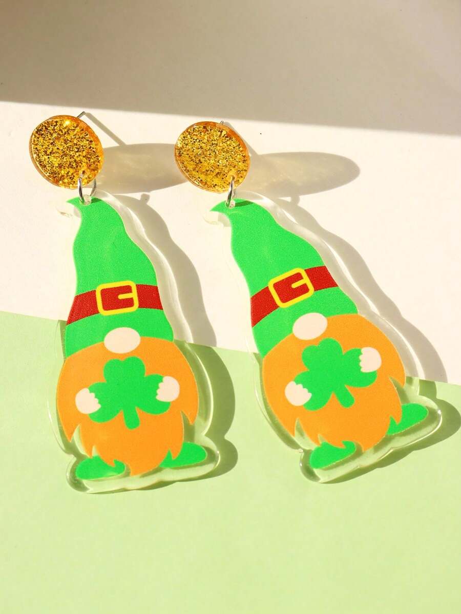 1 Pair St. Patrick's Day Creative Lucky Leprechaun & Clover Acrylic Earrings, Suitable For Holiday Party Wear, Women Jewelry - Multicolor - View 1