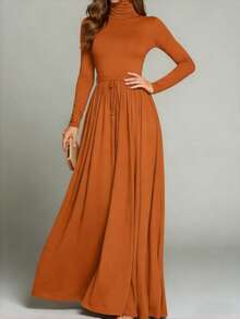 Đầm dài nữ, đầm maxi dài tay cổ lọ màu trơn ôm sát cơ thể, đầm dài thắt eo, dáng suông tôn dáng, phong cách cổ điển, đầm công sở đa năng, phù hợp cho mùa xuân, hè và thu thanh lịch. - màu nâu - Xem 3