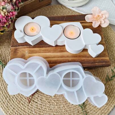 1pc DIY Clay Mold Heart-Shaped Double Hole Candle Holder Gypsum Resin Mold, Silicone Heart Candle Mold, Suitable For DIY Handmade, Home Decor Candle Accessories, Reusable