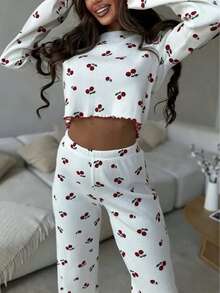 Woman Cherry Print Ribbed Two Pieces Set – White Long Sleeve Crop Top And High Waist Pants - White - View 2