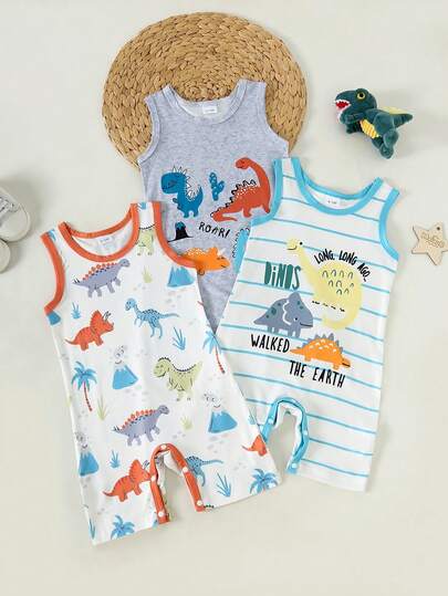 3件套男婴卡通恐龙印花无袖连体衣，透气舒适夏季可爱婴儿短裤