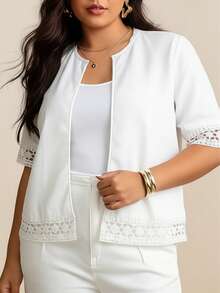 Plus Size Women White Jacket Coat, Spring/Summer Lace Patchwork Waist Fitted Short Sleeve Top, Casual Commuter Short Jacket - White - View 5