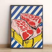 1幅波普艺术风格肉块帆布海报，醒目的红蓝黄撞色墙画，适用于厨房、餐厅和现代空间装饰。 - 牛排 - 查看 5