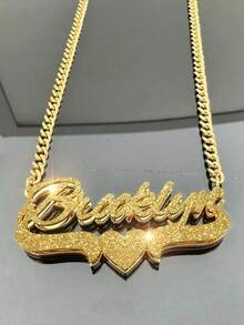 1pc Personalized Custom Text Necklace, Double-Layer+Pressed Sand, Love Necklace, 18k Gold Stainless Steel Custom Jewelry Necklace, 45+5cm, As A Daily Dressing Gift For Valentine's Day, Ramadan. - Frosted Gold - View 3