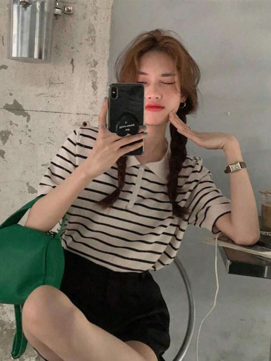 女士 Polo 领纽扣条纹百搭短袖上衣 - 杏色 - 查看 1