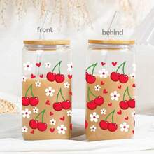 Copo de vidro de 473ml (16oz) com estampa de laço e cereja, isolamento térmico de camada dupla, canudo e tampa de madeira. Copo exclusivo para meninas, ideal para aniversários, Dia dos Namorados e outras ocasiões especiais. - Multicolorido - Ver 8