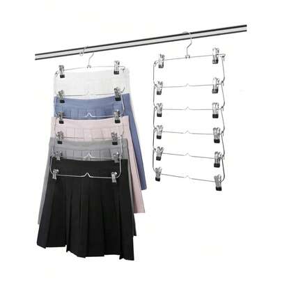 1 Set Of 4/6 Layer Skirt Hangers, With Super Strong Clips, 4/6 Layer Skirt And Shorts Hangers With Adjustable Clips, Space-Saving, Anti-Slip, 12 Clips, Metal Skirt Hanger Storage Rack, Multi-Functional Hanger