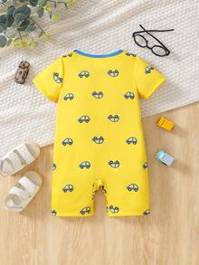 Pelele de manga corta con estampado de coche amarillo para bebé niño, primavera/verano - Amarillo - Ver 2