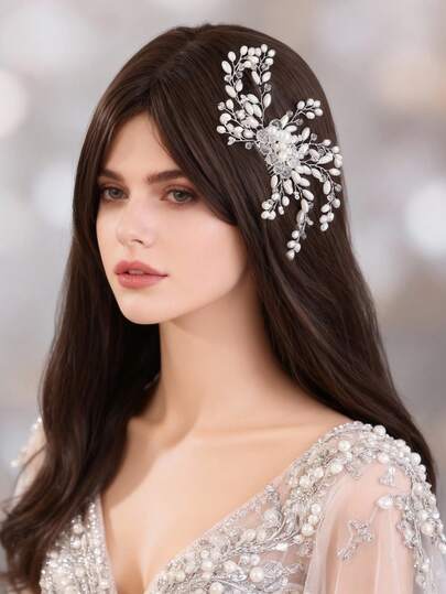 1pc Elegant Women's Faux Pearl Crystal Decorated Side Comb, Bridal Wedding Headpiece