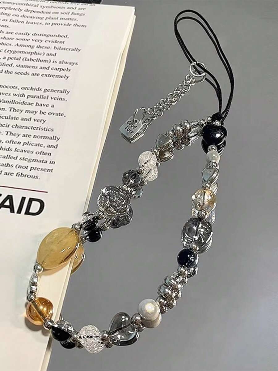 1条山茶花串珠腕带，短款女士手机挂绳，相机钥匙扣，包包挂饰 - 彩色 - 查看 1