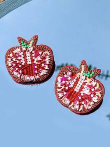 1 Pair Apple Shape Rice Bead Pearl Earrings - Hand-Designed And Stitched 'Rice Bead Pearl + Sequin + Chain' Apple Shape Earrings, Personalized Fashion Women's Fashion Jewelry - Multicolor - View 3