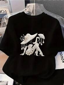 1PC Women's Pearl Hat Girl Printed Pattern T-Shirt, Spring And Summer Fashion Short Sleeve T-Shirt,  Versatile Casual Style, Perfect Holiday Gift For Girlfriend Or WifeLoose And Comfortablesummer - 黑色 - 查看 1