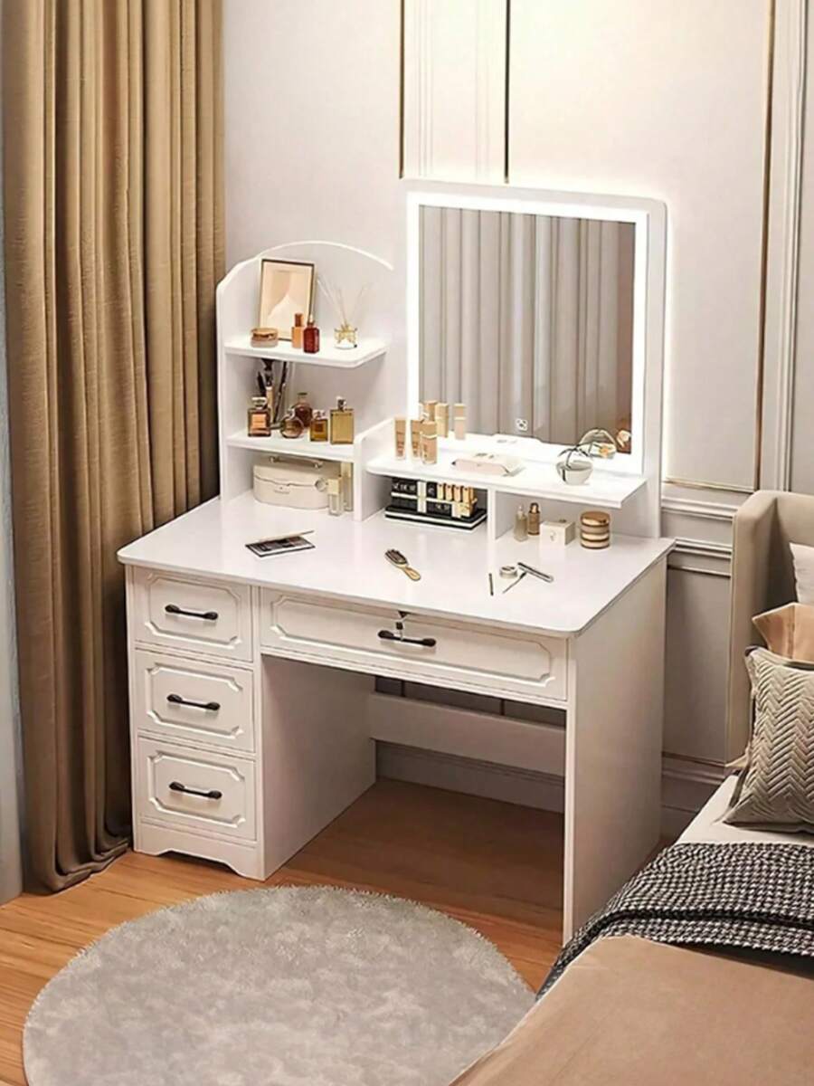 Tocador Multifuncional Con Espejo Y Estante 4 Cajones,Con luces,Suministro de energía USB ﻿ ﻿ ﻿ - Blanco - Ver 1